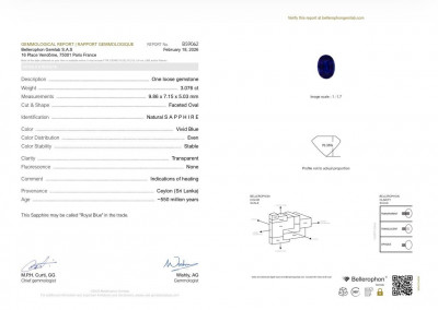 Сертификат Сет сапфиров Royal Blue  в огранке овал 10,56 карат, Шри-Ланка