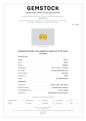 Сертификат Негретый сапфир цвета Golden в огранке радиант 10.20 карат, Шри-Ланка