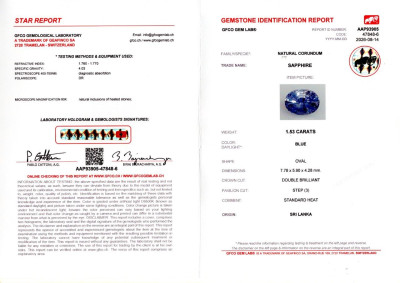 Сертификат Синий Сапфир в огранке овал 1,53 карат, Шри-Ланка