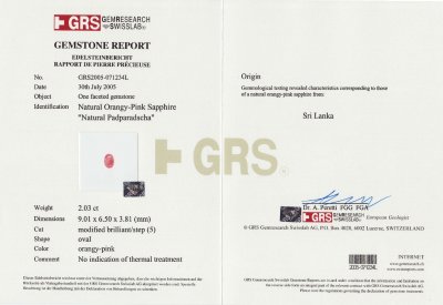 Сертификат Негретый сапфир падпараджа 2,03 карата, Шри-Ланка, GRS