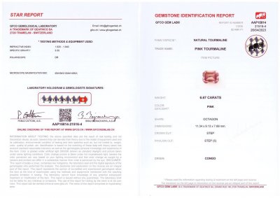Сертификат Розовый турмалин в огранке октагон, 6,67 карат, Конго