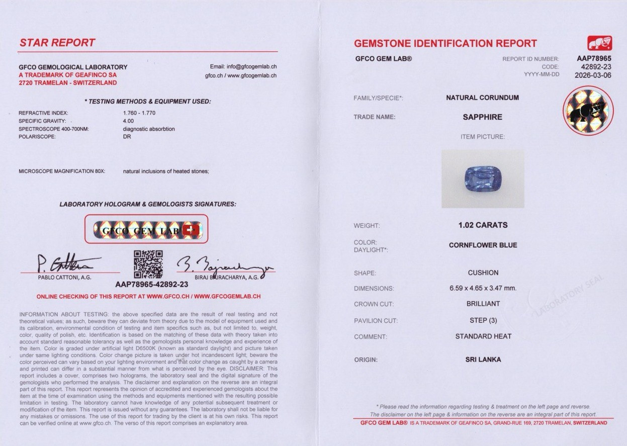Сапфир Cornflower Blue в огранке кушон 1,02 карат, Шри-Ланка Изображение №6