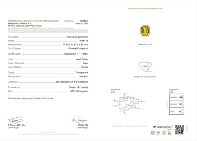Сертификат Негретый золотой Golden color сапфир в огранке октагон 15.04 карат, Шри-Ланка
