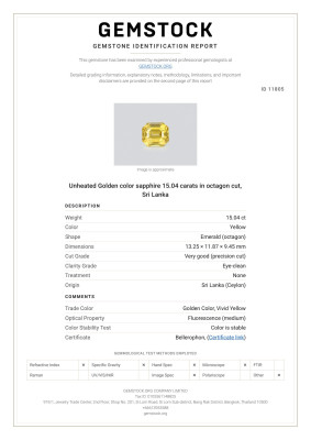 Сертификат Негретый золотой Golden color сапфир в огранке октагон 15.04 карат, Шри-Ланка