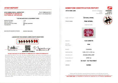 Сертификат Розовая шпинель в огранке кушон 1,03 карат, Бирма