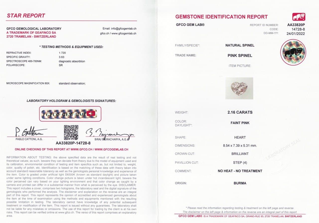 Сертификат Розовая шпинель в огранке сердце 2,16 карат, Бирма