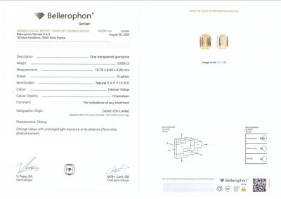 Сертификат Негретый желтый сапфир в огранке кушон 8,05 карат, Шри-Ланка, (Bellerophon)