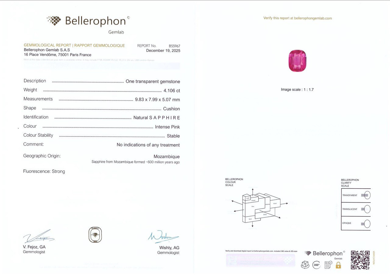 Негретый насыщенно-розовый сапфир в огранке кушон 4,11 карат, Мозамбик Изображение №6