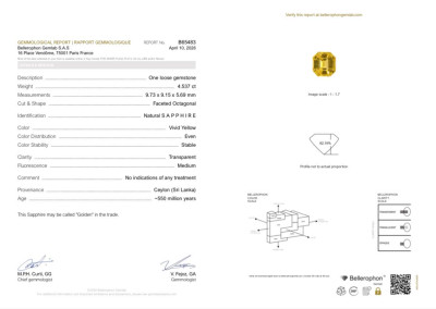 Сертификат Негретый Golden Yellow сапфир в огранке октагон 4,54 карат, Шри-Ланка