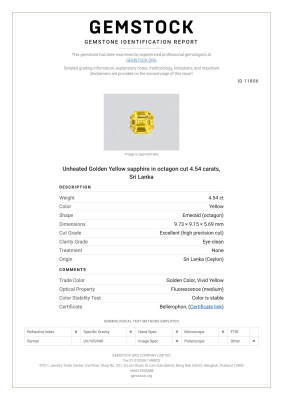 Сертификат Негретый Golden Yellow сапфир в огранке октагон 4,54 карат, Шри-Ланка