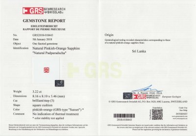 Сертификат Негретый сапфир падпараджа 3,22 карата, Шри-Ланка (GRS)