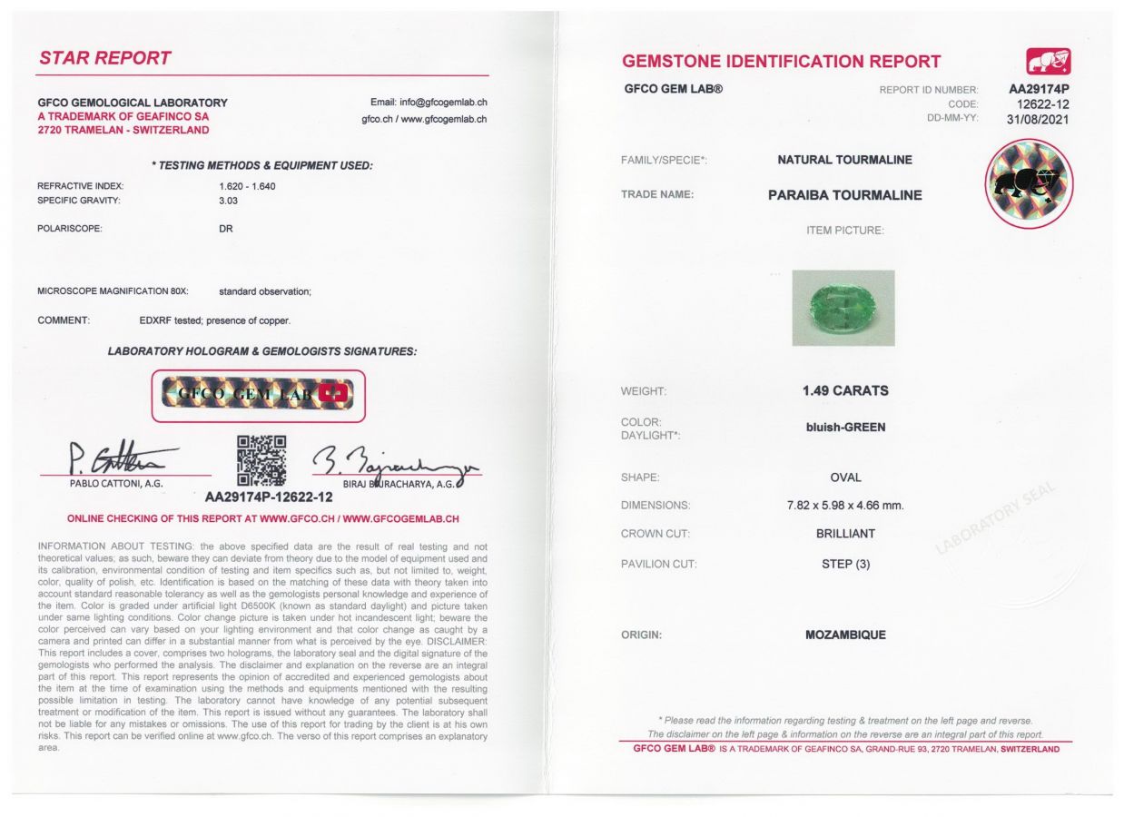 Сертификат Неоновый турмалин Параиба в огранке овал 1,49 карата