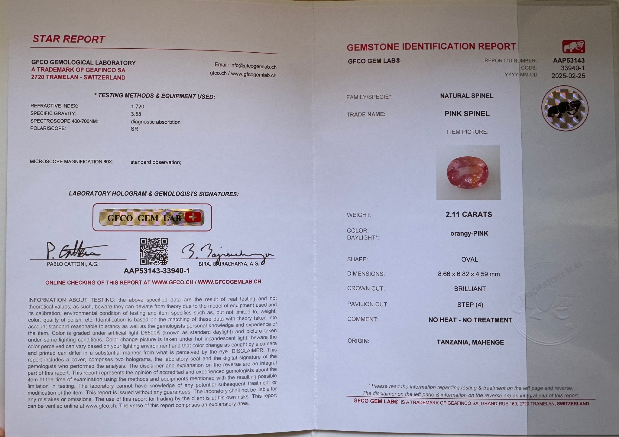 Розово-оранжевая шпинель в огранке овал 2,11 карата, Танзания Изображение №6