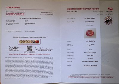 Сертификат Розово-оранжевая шпинель в огранке овал 2,11 карата, Танзания
