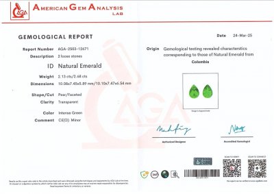 Сертификат Пара изумрудов в огранке груша 4,81 карата, Колумбия