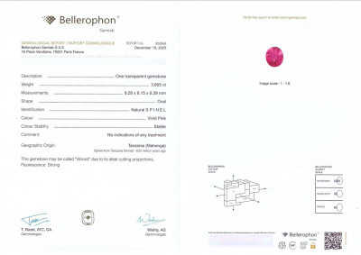 Сертификат Ярко-розовая шпинель Махенге в огранке овал 3,67 карат, Танзания  