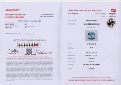 Сертификат Кобальтовая шпинель в огранке кушон 3,19 карат, Танзания