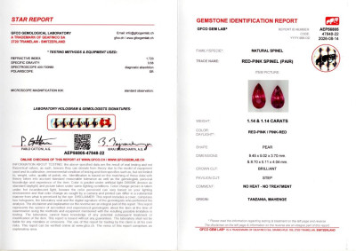 Сертификат Пара красно-розовых шпинелей Махенге в огранке груша 2,28 карат, Танзания