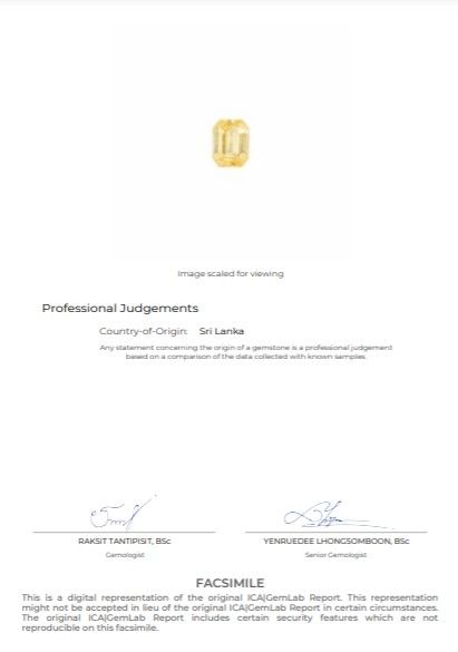 Сертификат Насыщенно-желтый негретый сапфир в огранке октагон 4,12 карат, Шри-Ланка