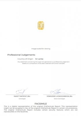Сертификат Насыщенно-желтый негретый сапфир в огранке октагон 4,12 карат, Шри-Ланка