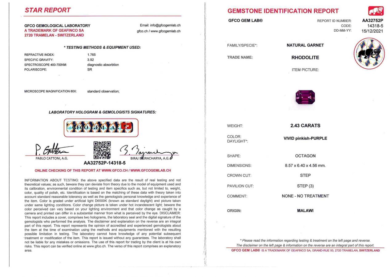 Сертификат Гранат родолит в огранке октагон 2,43 карата, Малави