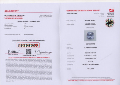 Сертификат Фиолетовая шпинель в огранке кушон 3,07 карат, Танзания