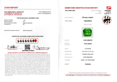 Сертификат Ярко-зеленый гранат цаворит в огранке радиант 2,53 карат, Танзания 