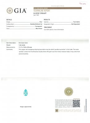 Сертификат Параиба в огранке груша нежно-голубого цвета 1,66 карат, Мозамбик, GIA