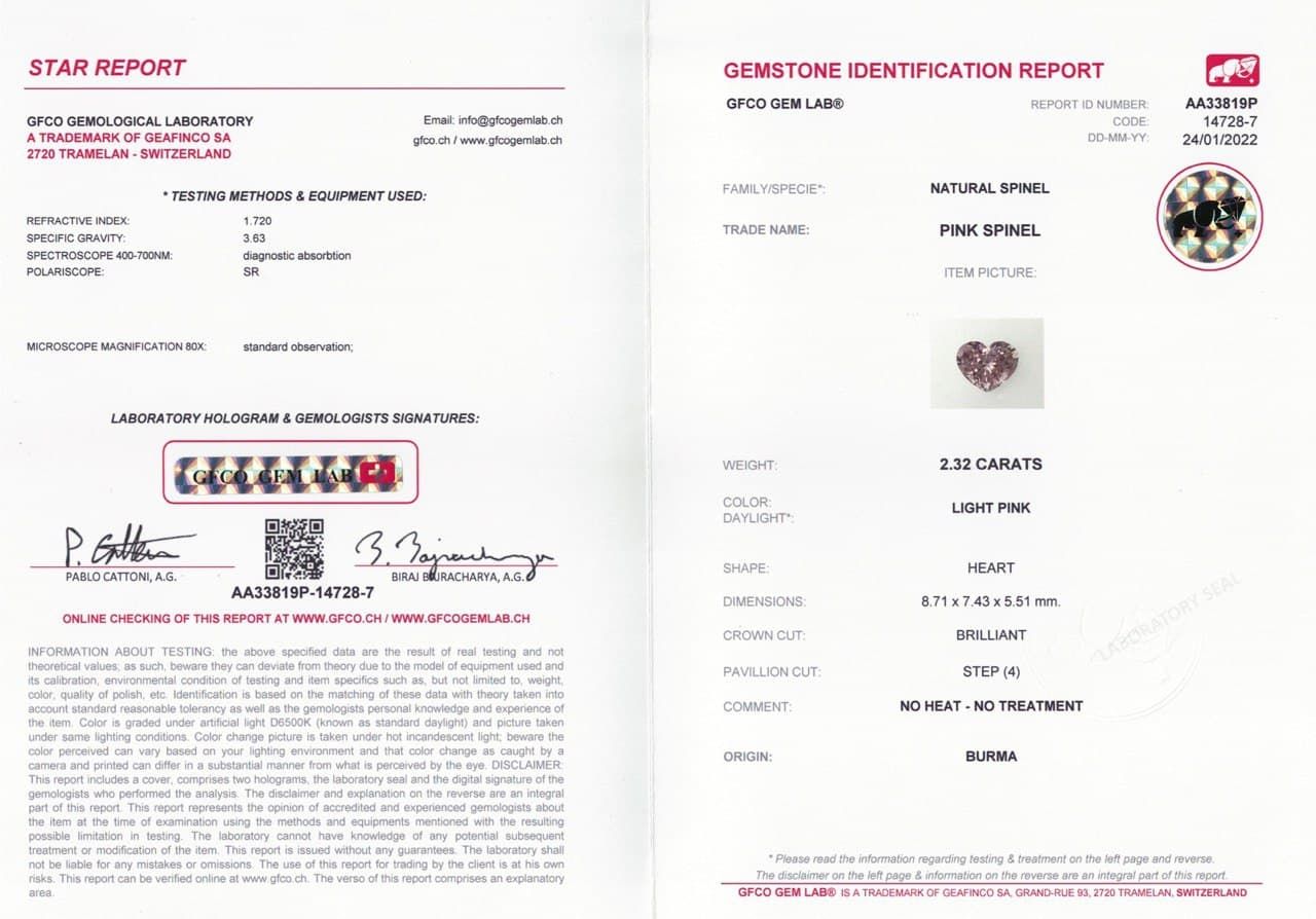 Сертификат Светло-розовая бирманская шпинель в огранке сердце 2,32 карата