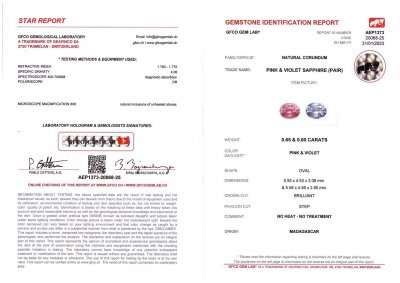 Сертификат Контрастная пара негретых сапфиров в огранке овал 1,25 карат