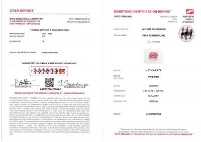 Сертификат Розовый турмалин в огранке кушон 1,57 карат, Афганистан