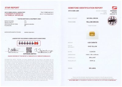 Сертификат Желтый циркон в огранке кушон 4,25 карата, Шри-Ланка