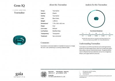 Сертификат Турмалин Lagoon в огранке овал 1,30 карата, Афганистан