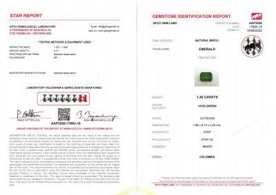 Сертификат Изумруд цвета Vivid Green в огранке октагон 1,40 карат, Колумбия