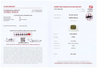 Сертификат Насыщенный зеленый циркон в огранке октагон 3,68 карата, Шри-Ланка