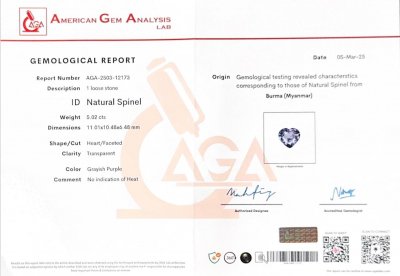 Сертификат Фиолетовая шпинель в огранке сердце 5,02 карата, Бирма