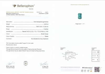 Сертификат Турмалин Lagoon в огранке кушон 2.87 карат, Афганистан