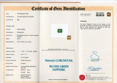 Сертификат Негретый сапфир цвета Teal 5,88 карат, Мадагаскар, ICA