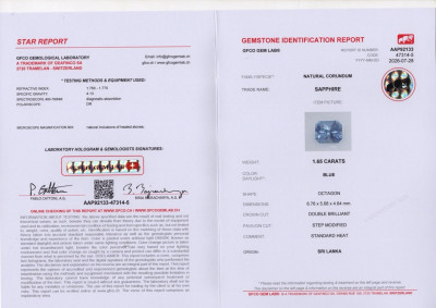 Сертификат Синий сапфир в огранке радиант 1,65 карата, Шри-Ланка