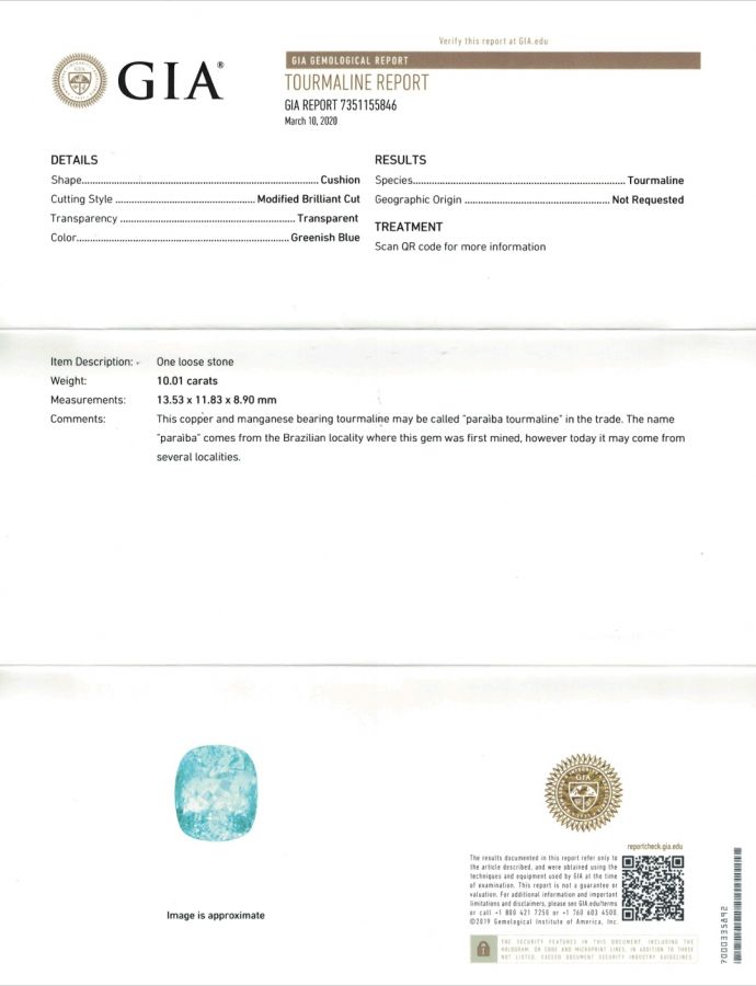 Сертификат Яркий турмалин Параиба в огранке кушон 10,01 карат, GIA