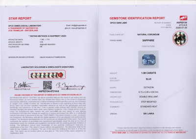 Сертификат Синий сапфир в огранке радиант 1,58 карат, Шри-Ланка