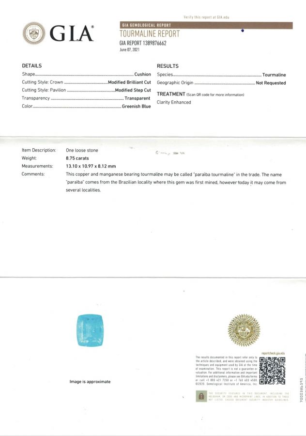 Сертификат Топовый турмалин Параиба в огранке кушон 8,75 карат, GIA