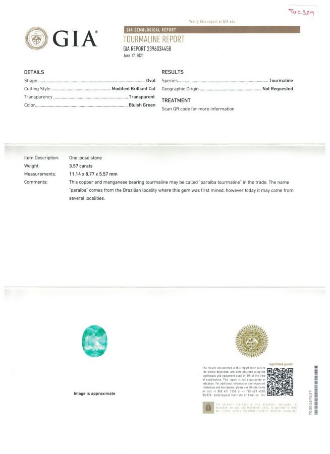 Сертификат Турмалин параиба голубовато-зеленого цвета в огранке овал 3,57 карат, Мозамбик, GIA