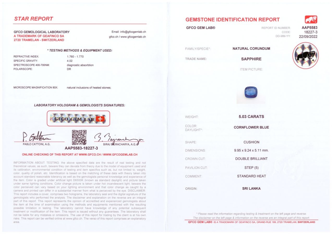 Сертификат Яркий васильковый сапфир в огранке кушон 5,03 карата, Шри-Ланка