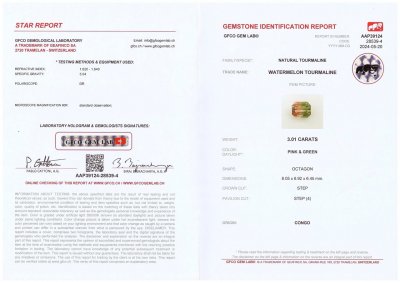 Сертификат Полихромный "арбузный" розово-зеленый турмалин в огранке октагон 3,84 карата, Конго