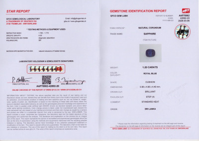 Сертификат Сапфир Royal Blue в огранке кушон 1,20 карат, Шри-Ланка 