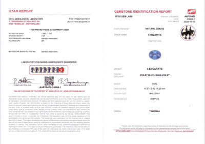 Сертификат Лот №2. Подвеска с танзанитом 4.82 карата и бриллиантами в белом золоте 750 пробы