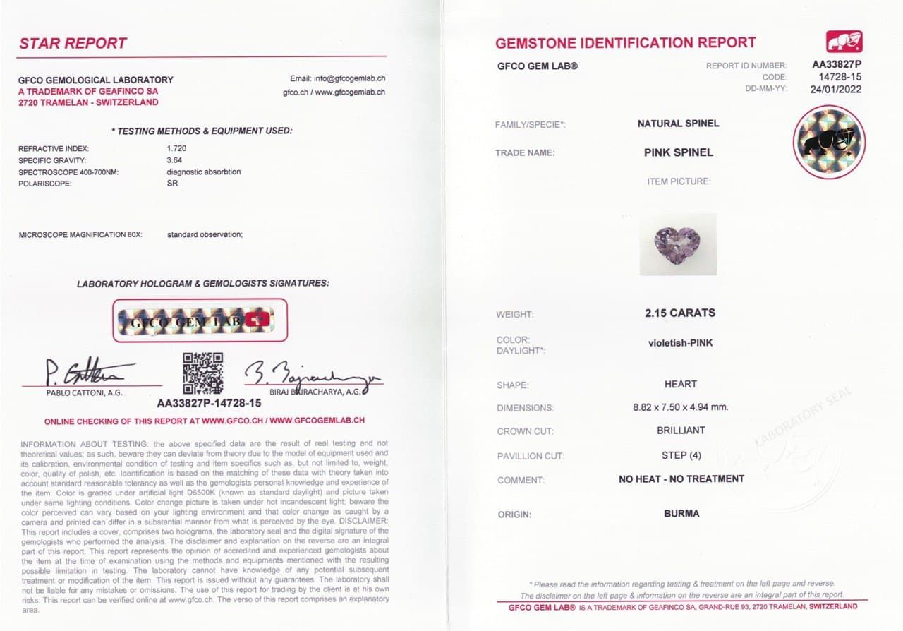 Сертификат Шпинель розовато-фиолетового цвета 2,15 карат, Бирма