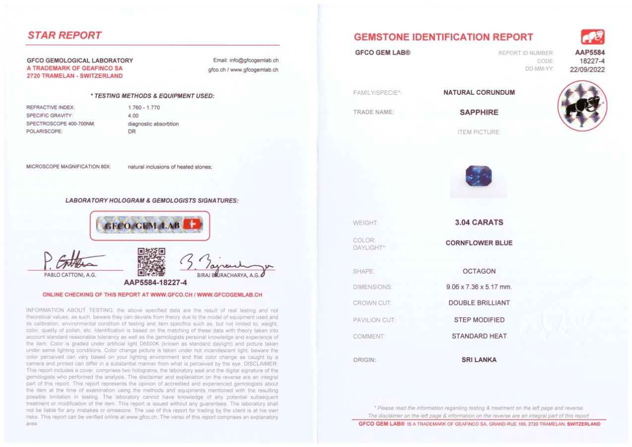 Сертификат Сапфир цвета Cornflower Blue в огранке радиант 3,04 карата