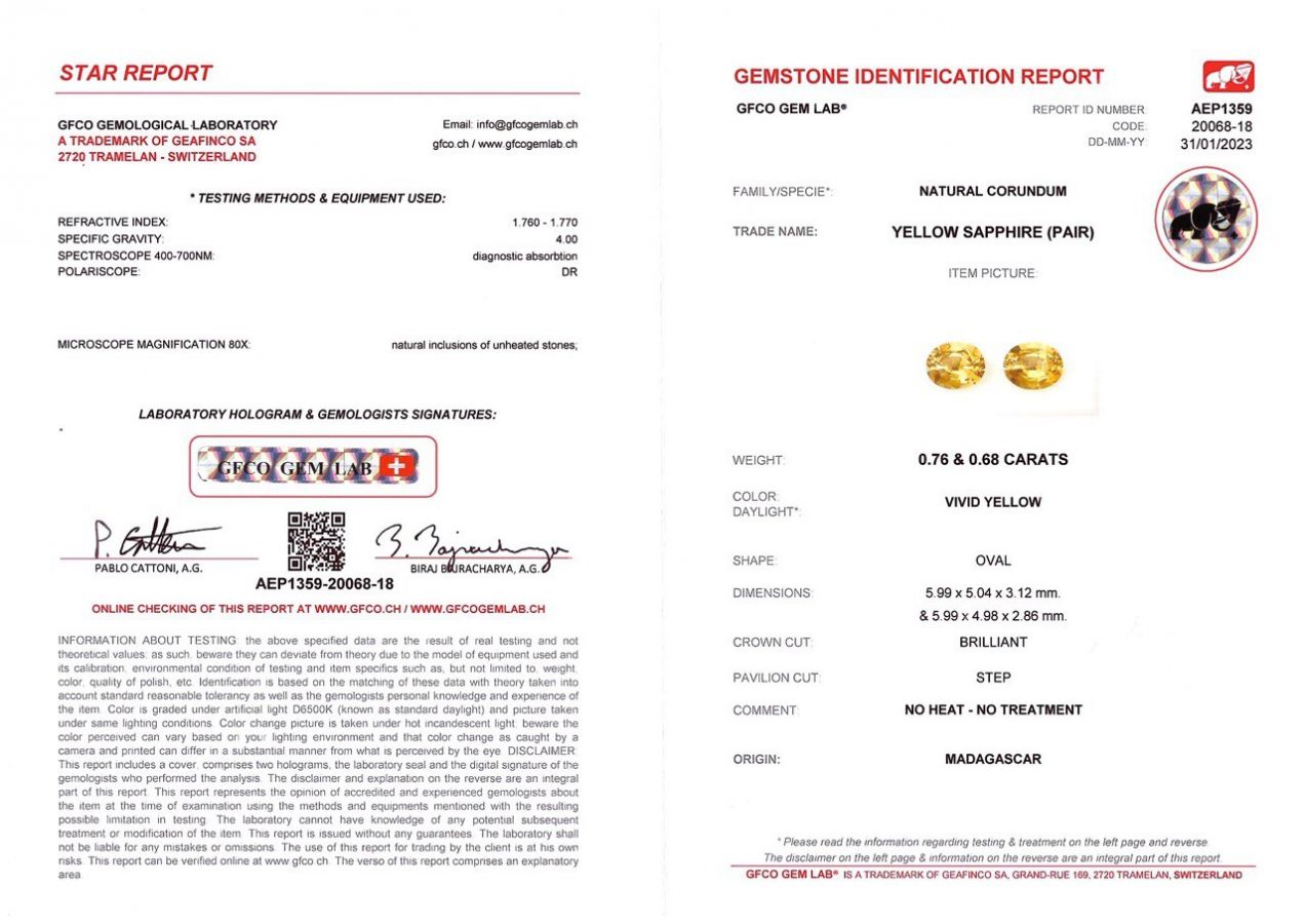 Сертификат Пара негретых овальных желтых сапфиров 1,44 карат, Мадагаскар